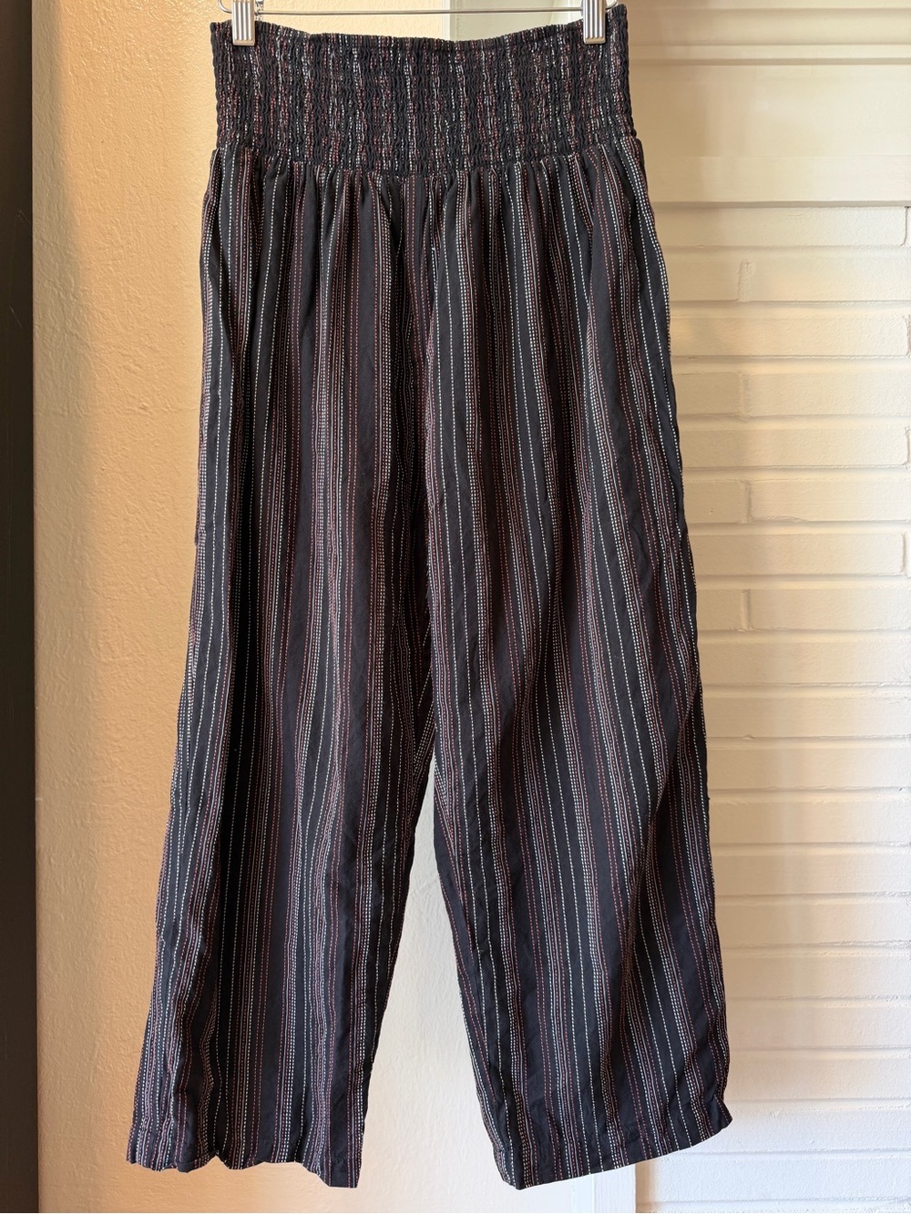 HATCH Striped Smocked Waist Wide Leg Cotton Pants Black Red White Size